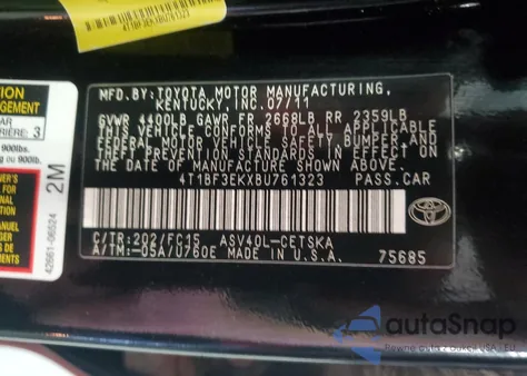 2011 Toyota Camry Base from USA, damaged, VIN 4T1BF3EKXBU761323